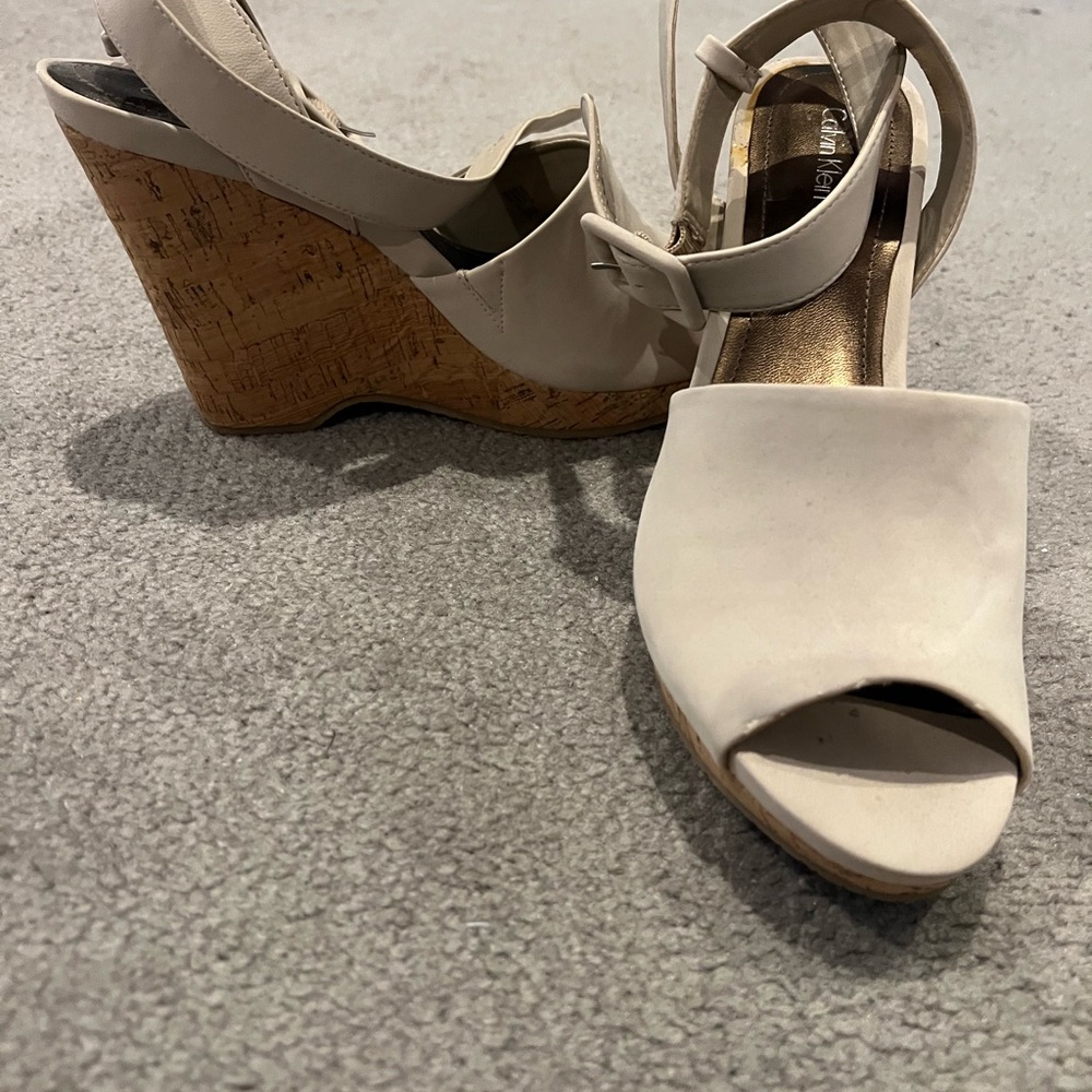 Calvin Klein Cream Wedge Sandals with Cork Heel